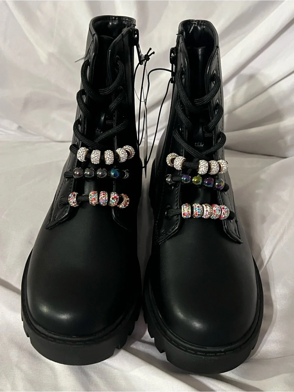 art class Black Combat Boots with Rhinestone & Multicolor Bead Accents